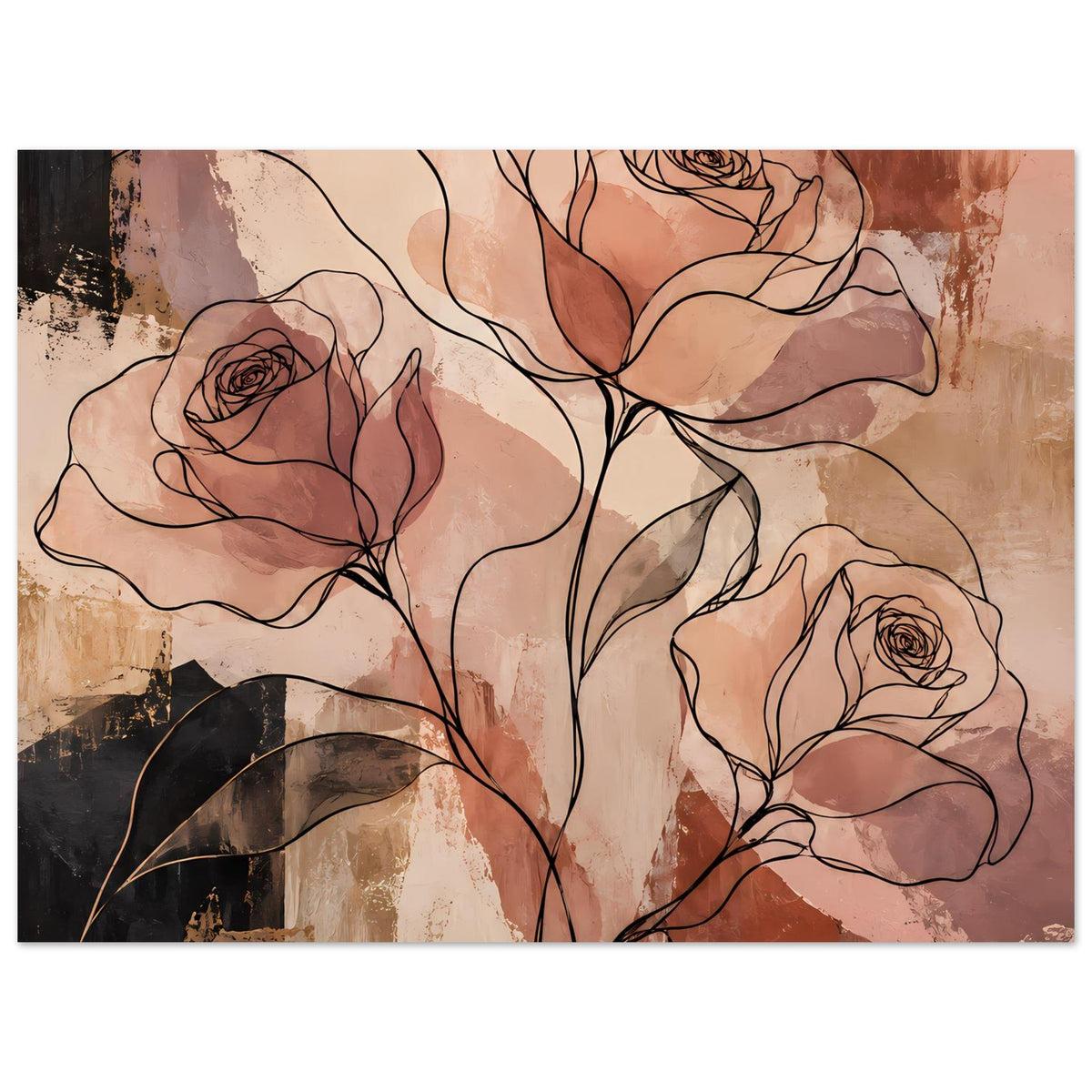 Querformat-Poster mit Rosen-Linienkunst in warmen Erdtönen und schwarzen Konturen