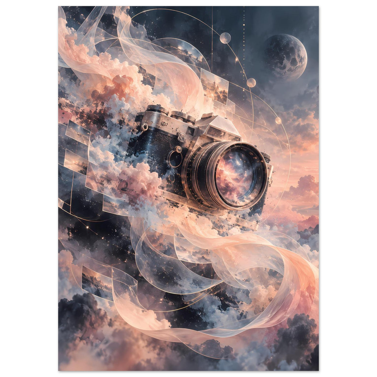 Kameraposter mit Kameraillustration, Rauchwolken, schimmernden Linien und planetenartiger Kugel