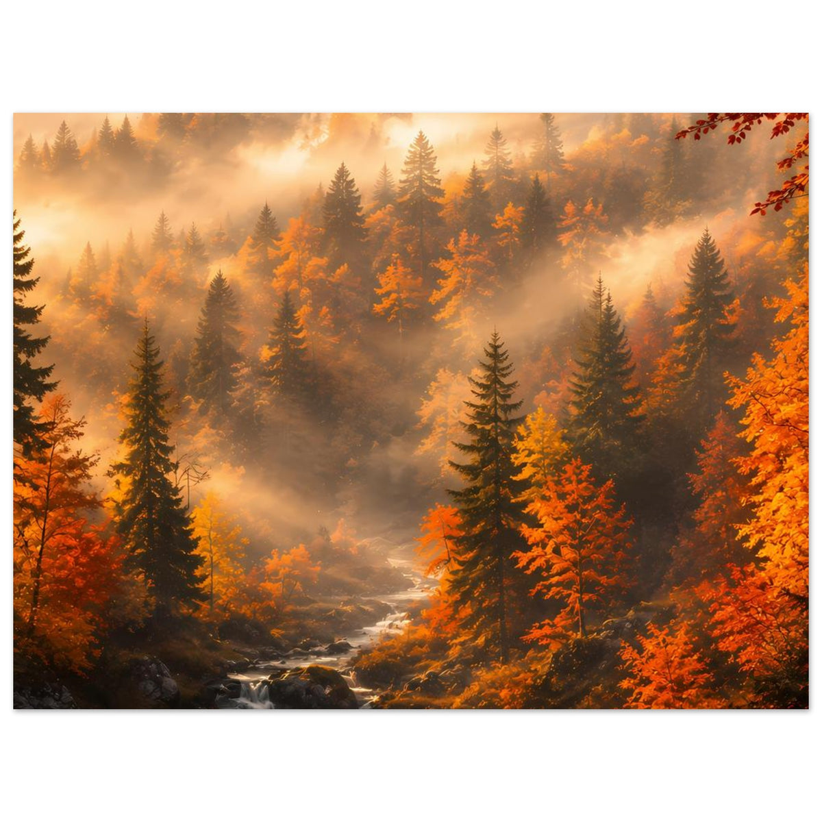 Herbst-Waldlandschafts-Poster im Querformat mit Nebel, Fichten und orangefarbenem Laub