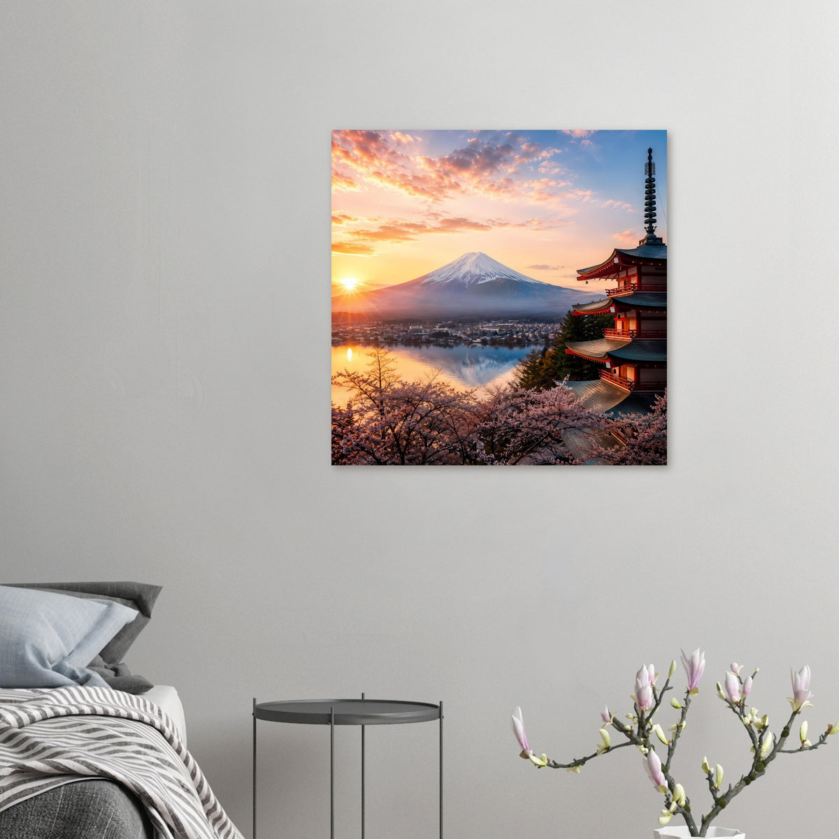 Kleines Landschaftsposter mit Fuji, Kirschblüten, Pagode rechts und See bei Sonnenuntergang