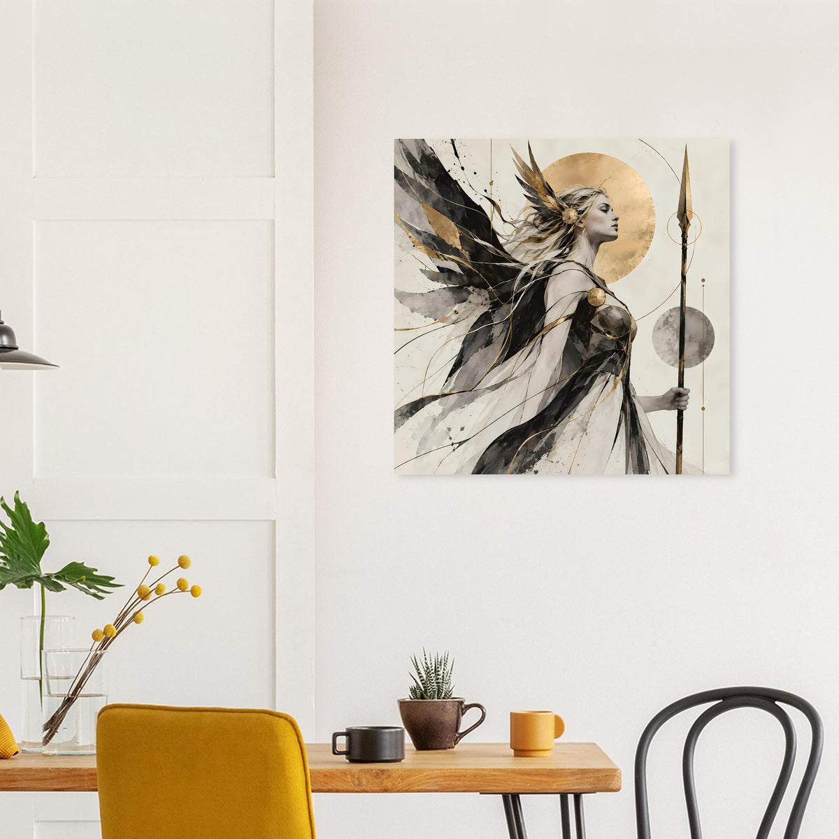 Kunstposter mit geflügelter Frau im Profil, Schwarz-Grau mit goldenen Linien