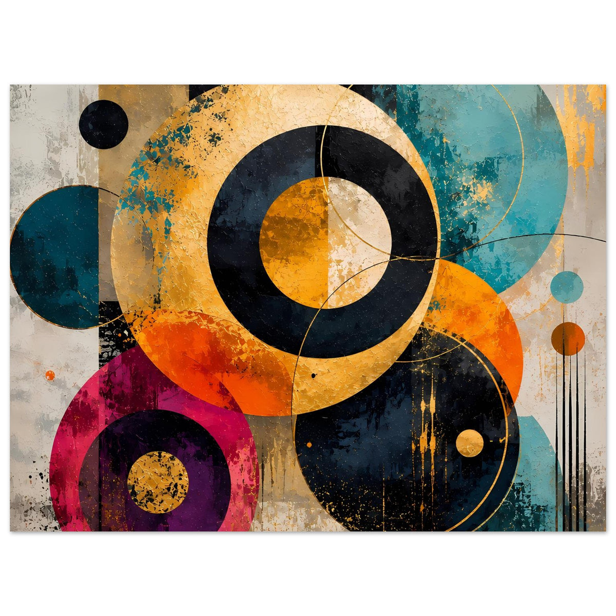 Abstraktes Kreis-Poster, breiter Bildausschnitt: Farbkreise in Orange, Blau und Pink