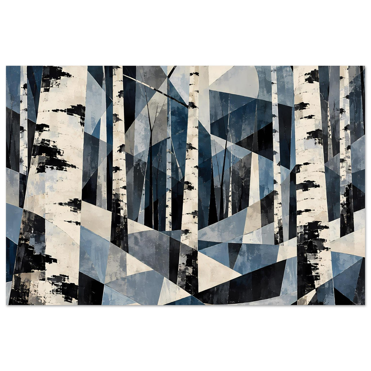 Abstraktes Naturposter mit Birkenwald: vertikale Stämme, Überlagerungen in Blau, Weiß und Schwarz.