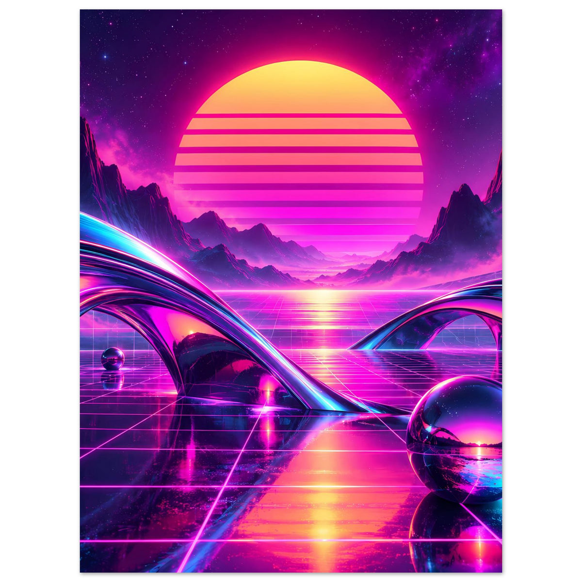 Retro-Science-Fiction-Poster: große Sonne über Neon-Landschaft mit zwei Tunnelportalen und Kugel