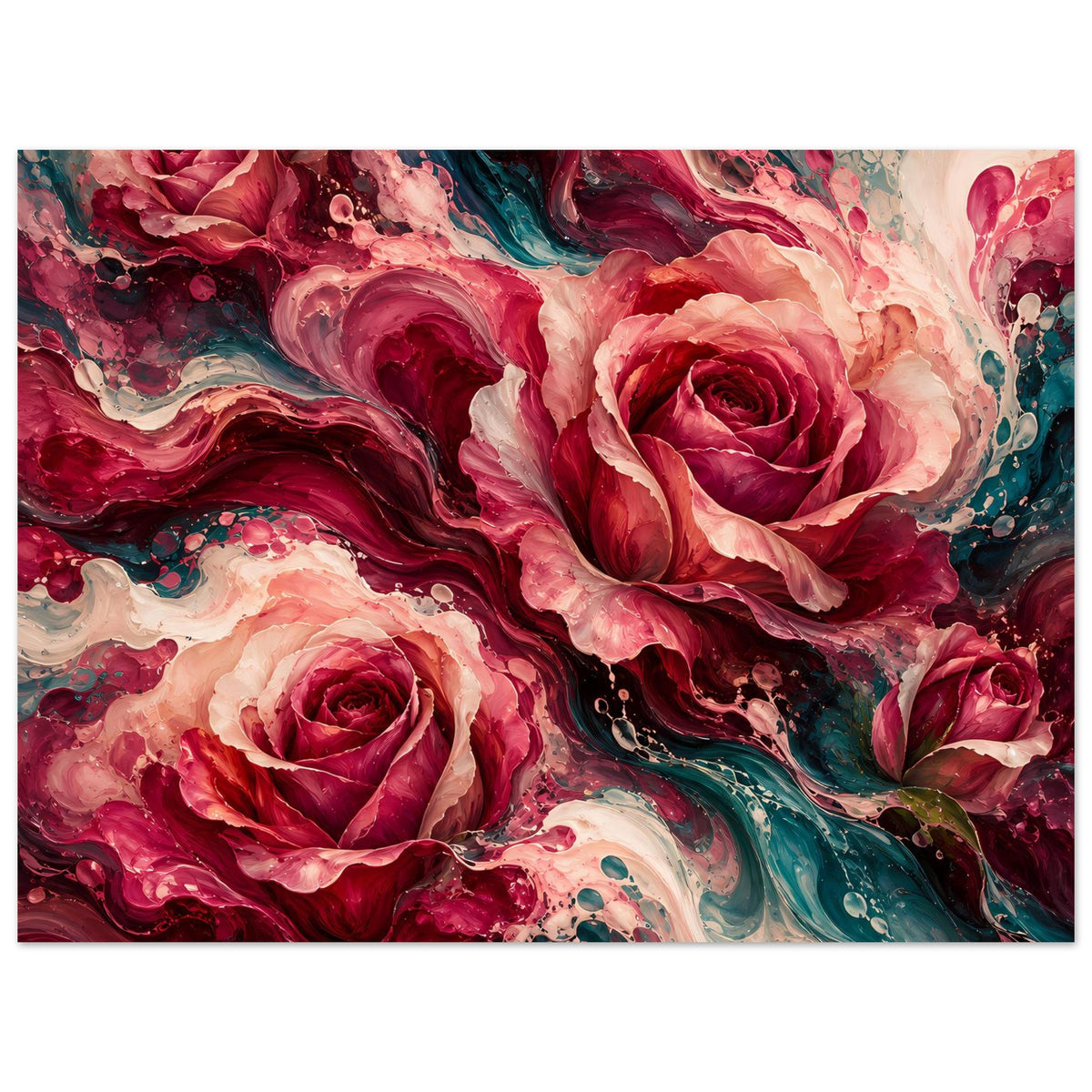 Blumenposter mit abstrakten Rosen in Rot und Türkis, horizontal im Vollbild.