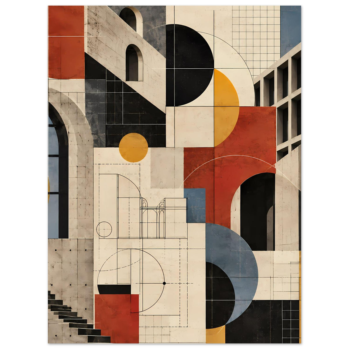 Kunstposter mit geometrischem Architekturmotiv, dunkle Bögen und Kreise in Terrakotta und Schieferblau