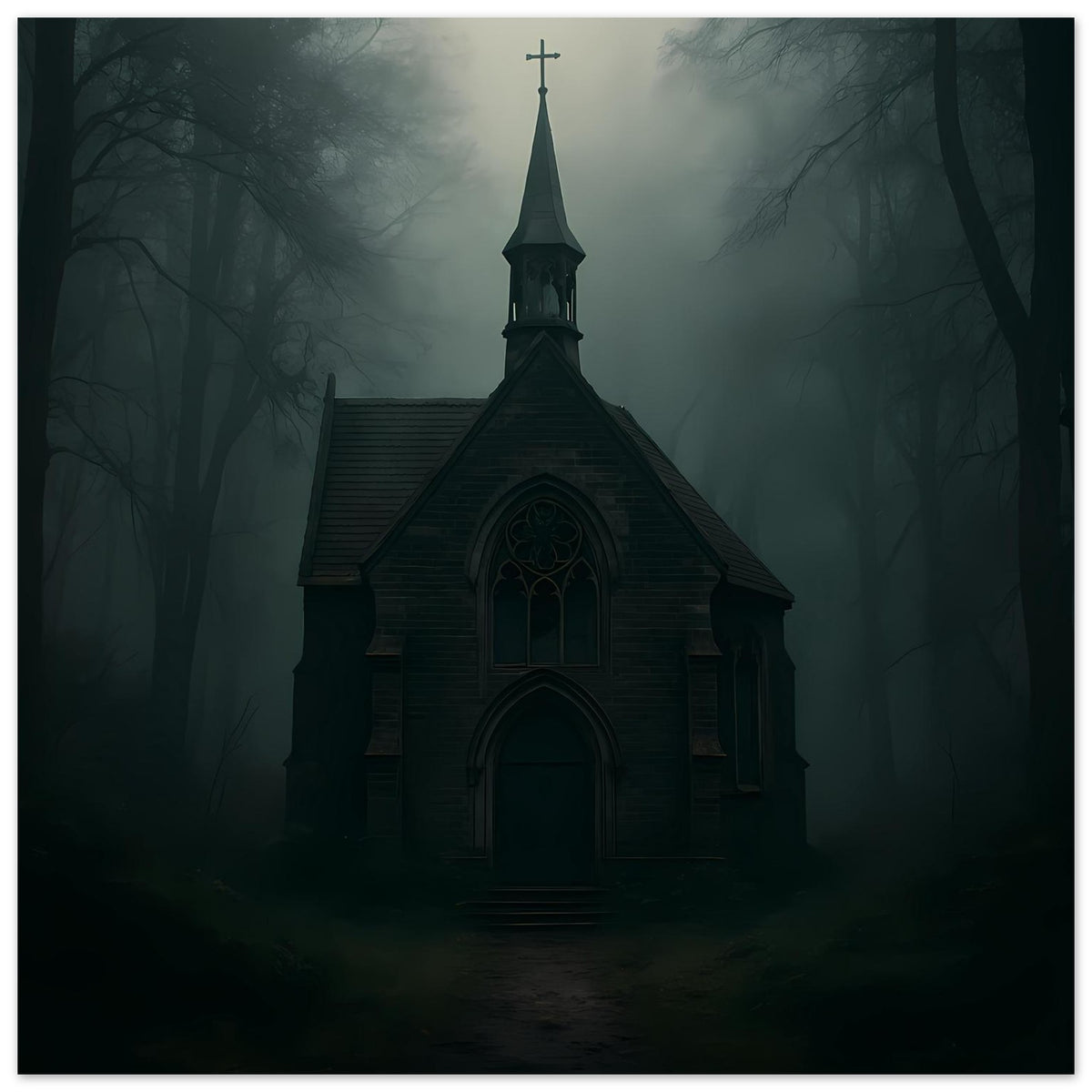 Hochformat-Poster: Kapelle im Nebelwald, Kirchturm und Eingang in Rundbogenform