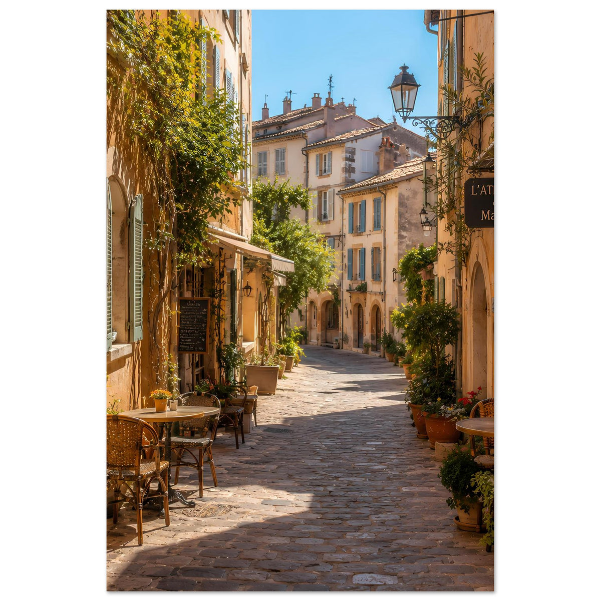 Vertikales Poster mit sonniger mediterraner Altstadtgasse
