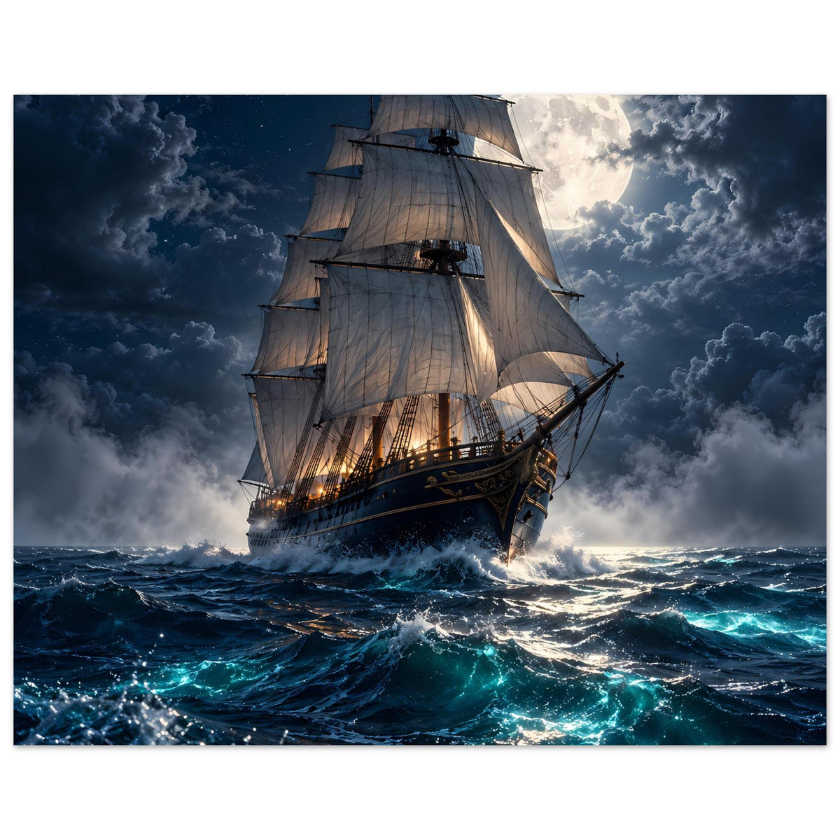 Segelschiff-Poster mit Vollmond, stürmische Wellen in Blaugrün und dunkel gefärbtem Meer