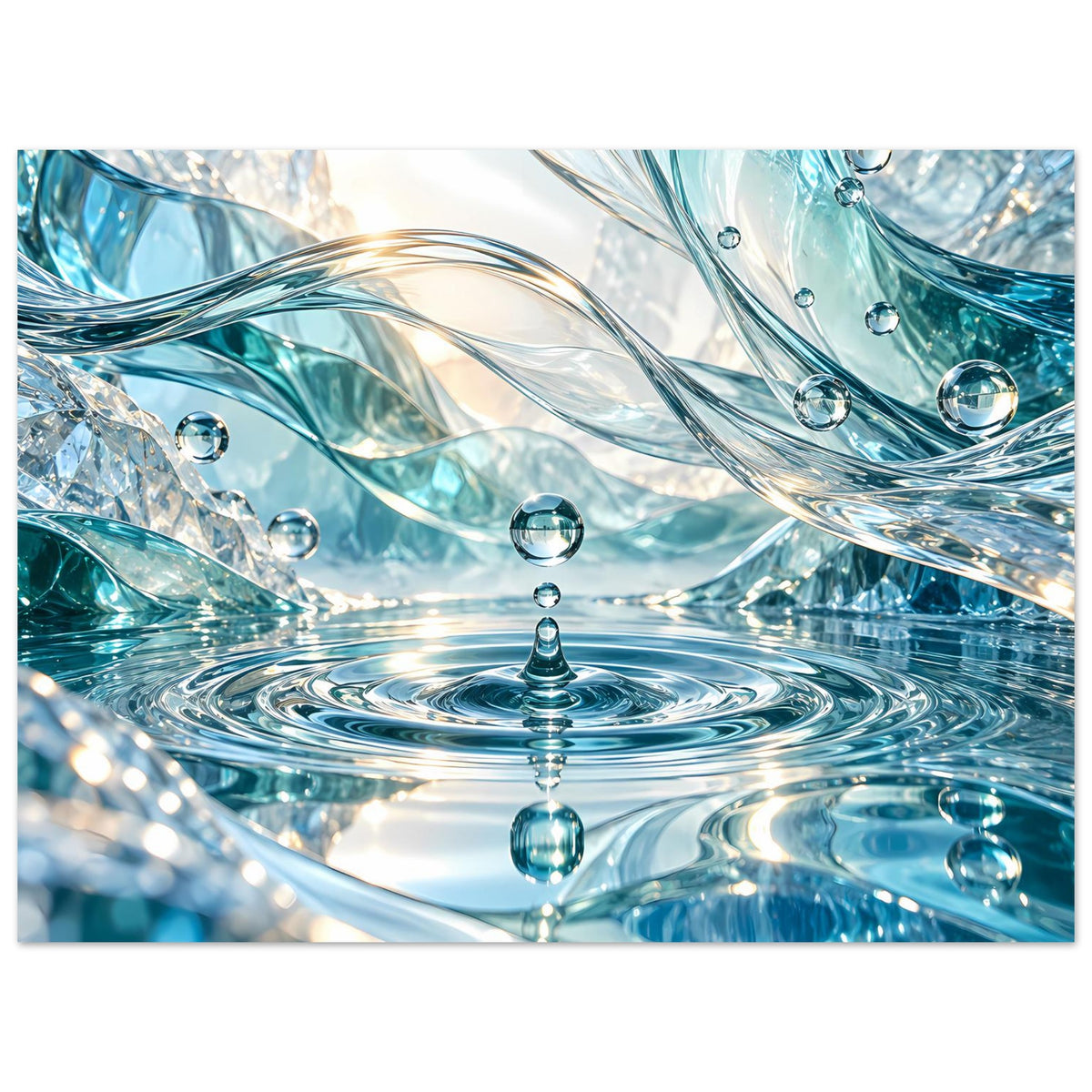 Glasartiges Wasserwelt-Poster mit großen Wasserwirbeln, blauen Tropfen und schimmernden Wellen, horizontal
