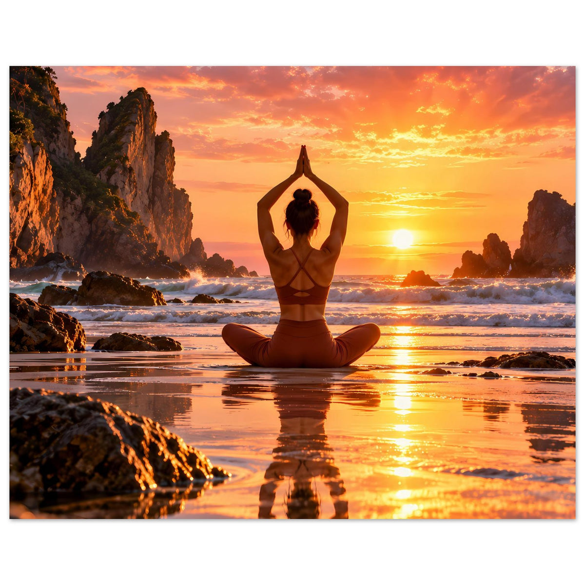 Yoga-Poster, mattes Papier: meditierende Person im Lotossitz, Sonnenuntergang über Meer