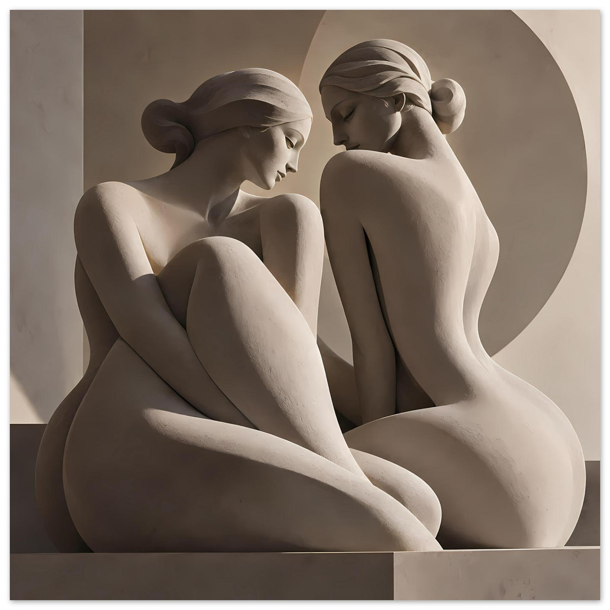 Kunstposter mit zwei klassischen Aktfiguren, cremefarbene Skulptur mit großem Kreisrahmen