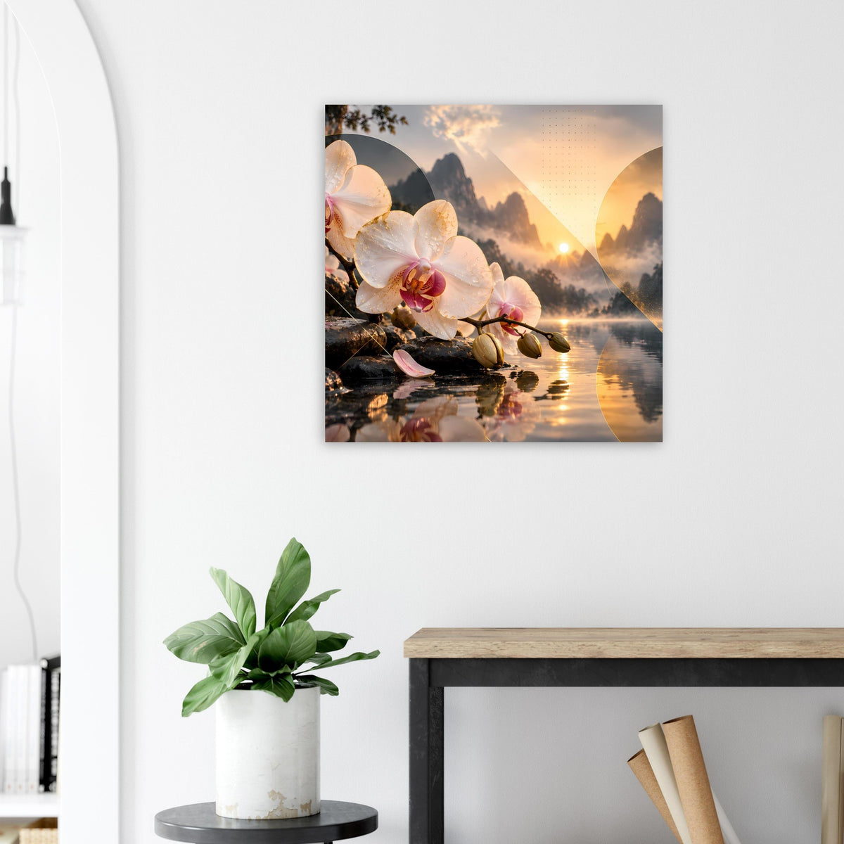 Blumenposter mit Orchideen am Wasser, goldener Sonnenuntergang über Bergen