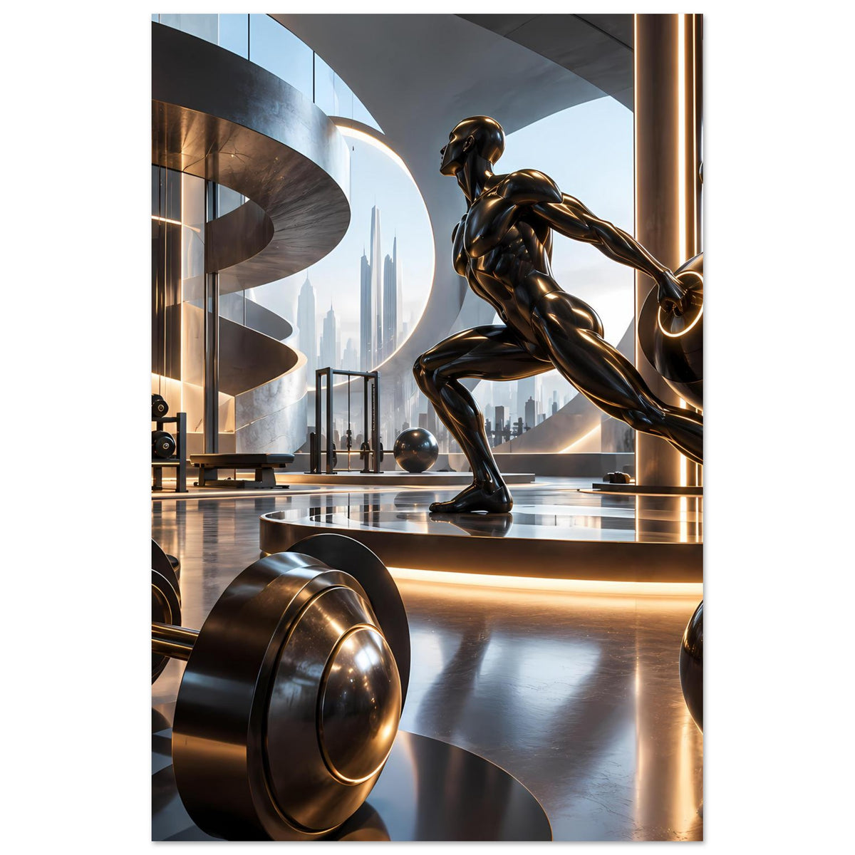 Vertikales Fitnessposter mit muskulöser Figur im Laufstil und goldenen Hantelscheiben