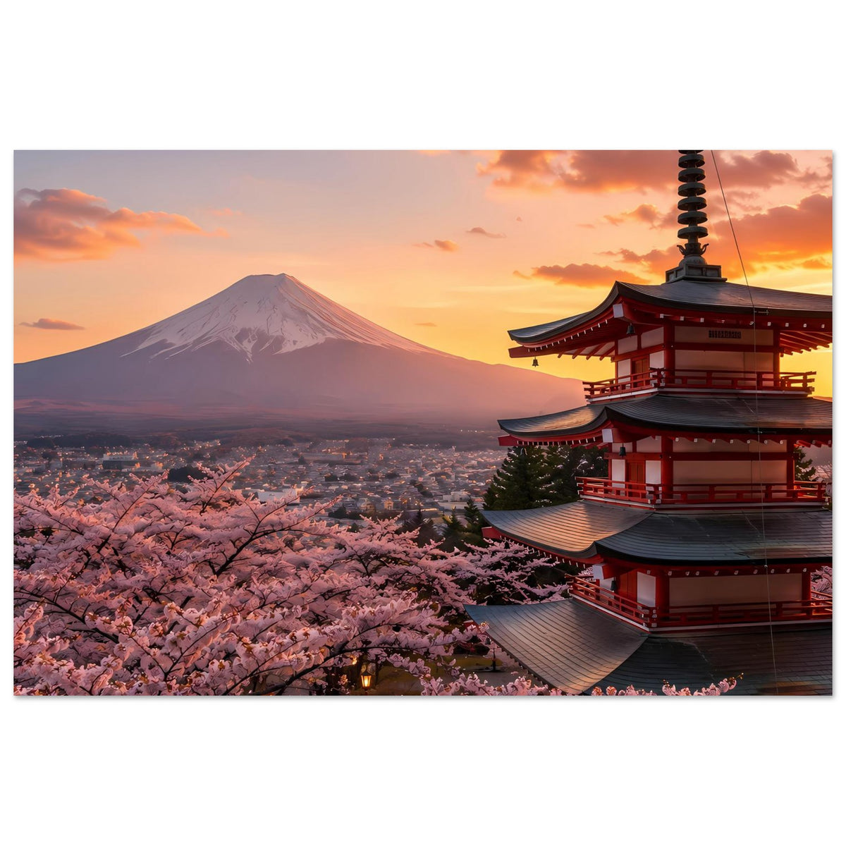 Japanisches Kunstposter mit Berg Fuji und roter Pagode rechts, Kirschblüten unten, Abendhimmel