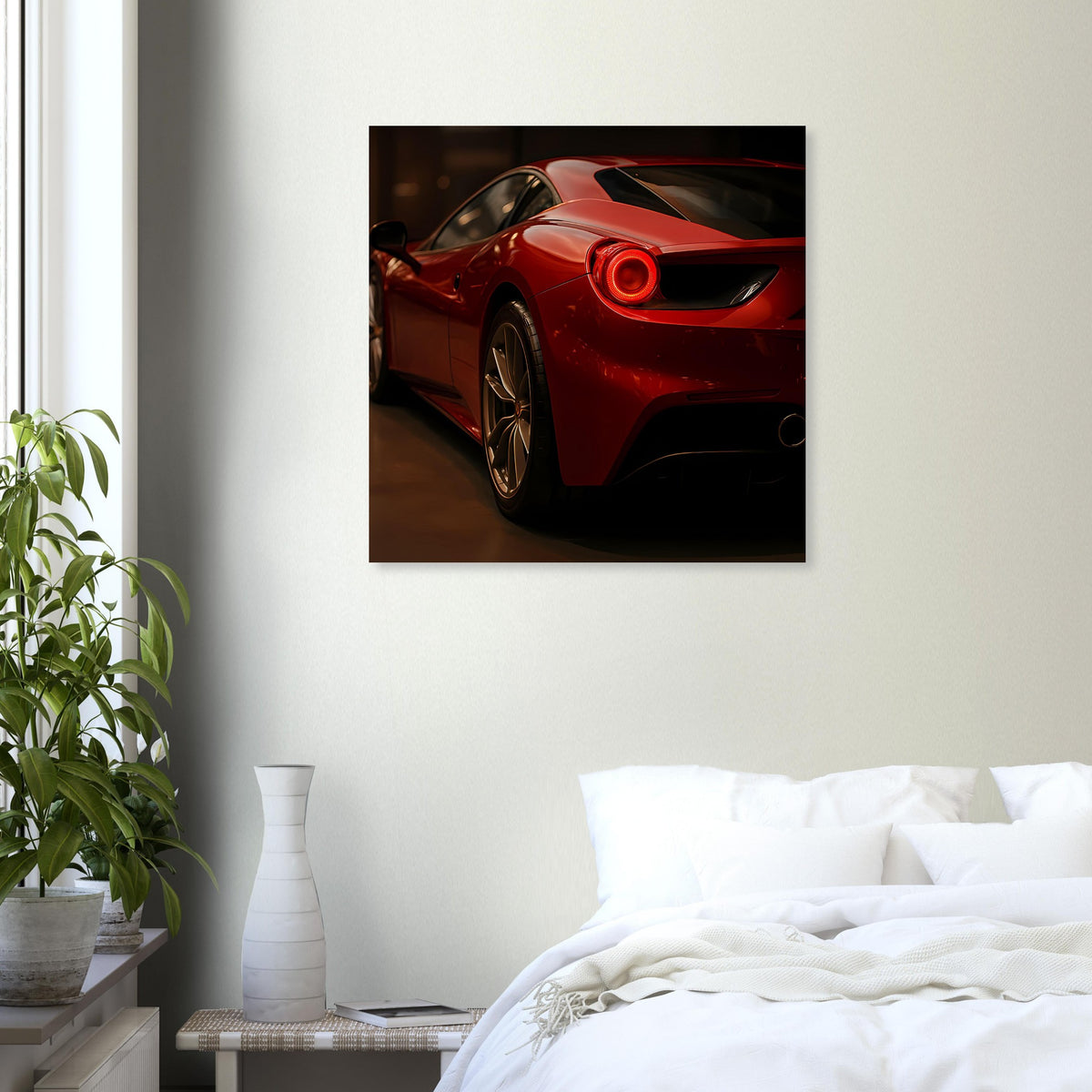 Poster mit rotem Sportwagen und leuchtendem Rücklicht, Frontdreiviertelansicht im Rahmen