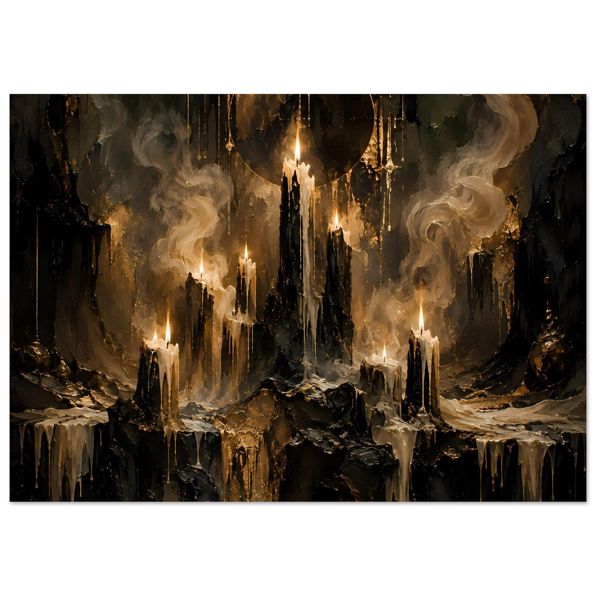 Fantasy-Poster im Querformat: brennende Kerzen, goldene Akzente und große Rauchwolken.