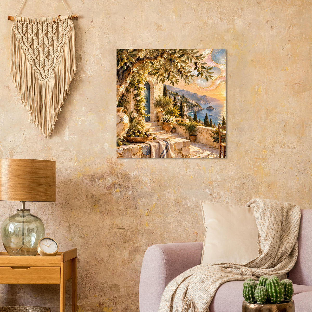 Mosaik-Kunstdruck: mediterrane Terrasse mit Olivenzweigen, Meer und Sonnenuntergang, gerahmt
