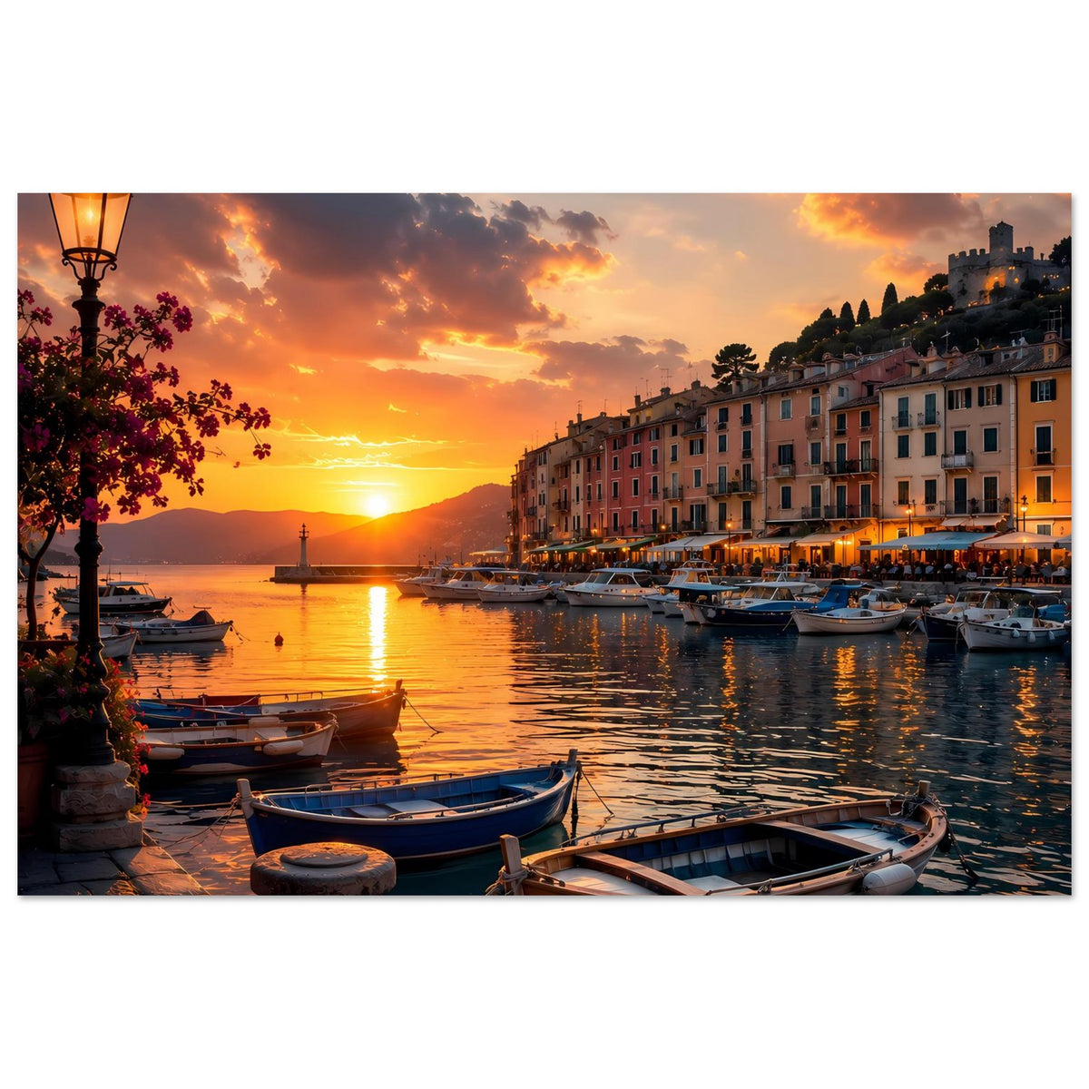 Poster mit Sonnenuntergang über dem Hafen, Boote und Abendhimmel