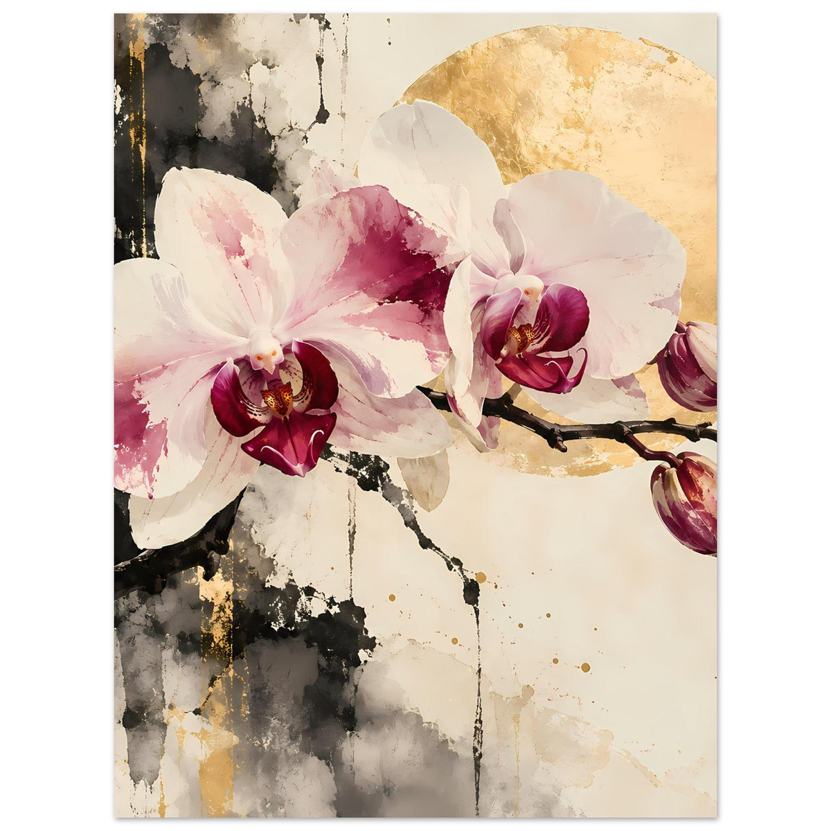 Orchideenblüten-Blumenposter mit goldenem Halbmond, weißen und pinken Blüten, dunklen Ranken