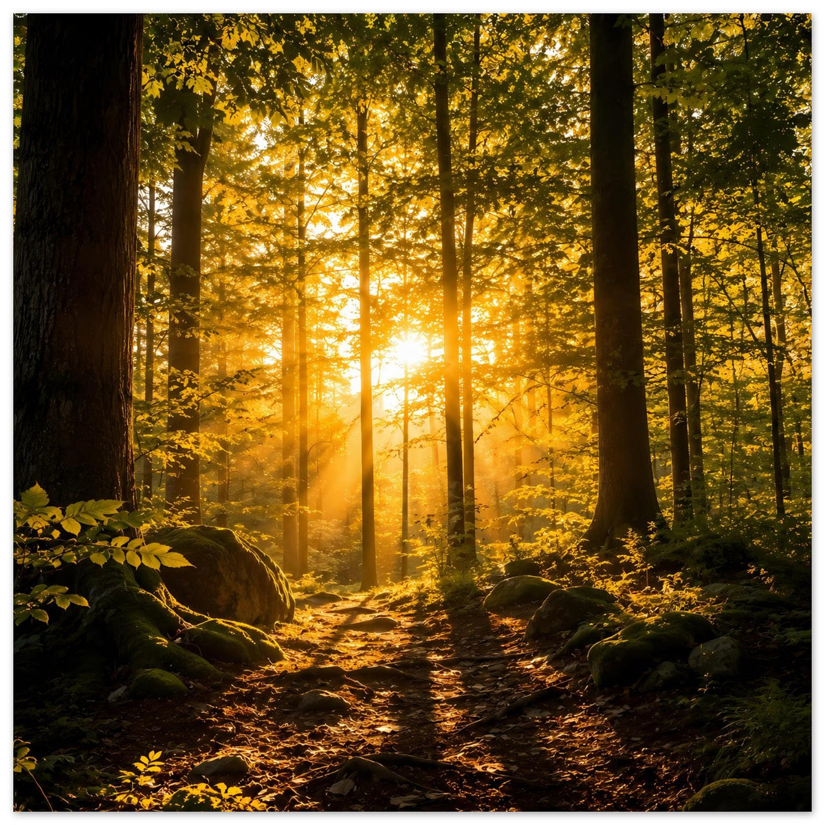Waldposter mit goldenem Licht im Wald, Pfad zwischen moosigen Steinen und Felsen am Rand