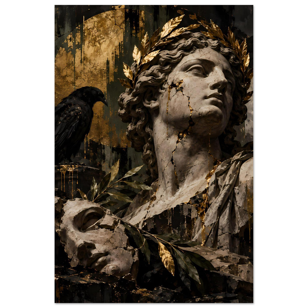 Barockes Poster mit Statue einer Frau, Goldkranz und schwarzem Vogel