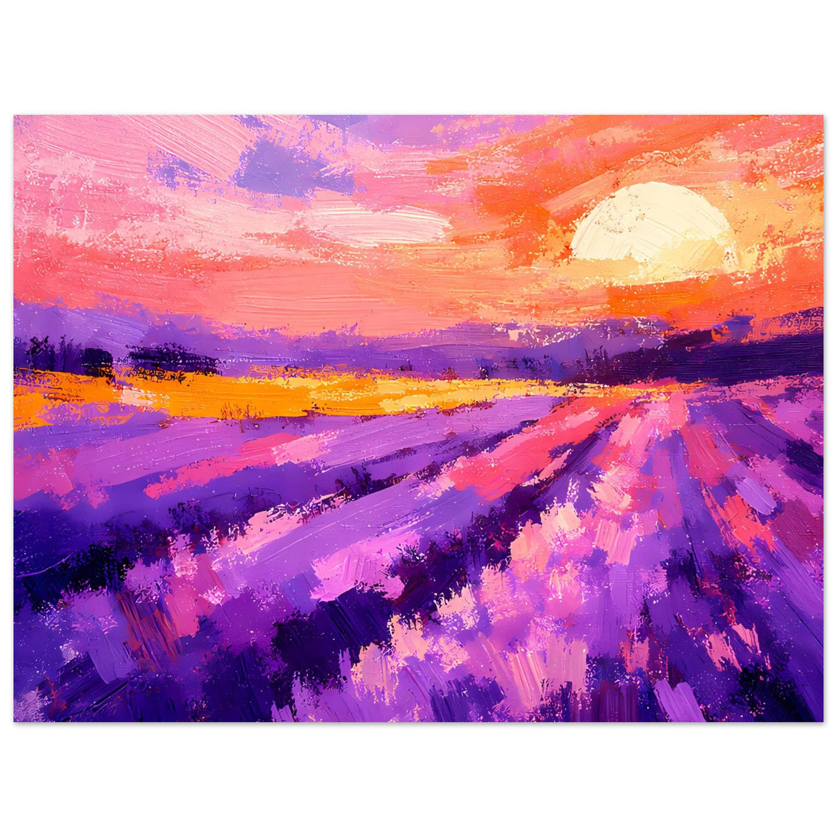 Horizontales Poster mit Lavendelfeld, leuchtend lila Farbstreifen und warmem Sonnenuntergang