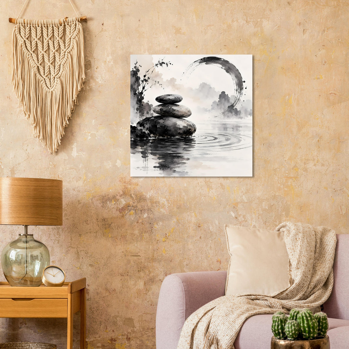 Zen-Balance Poster, schwarz-weiß: gestapelter Steinhaufen vor Wasserfläche und Lichtkreis