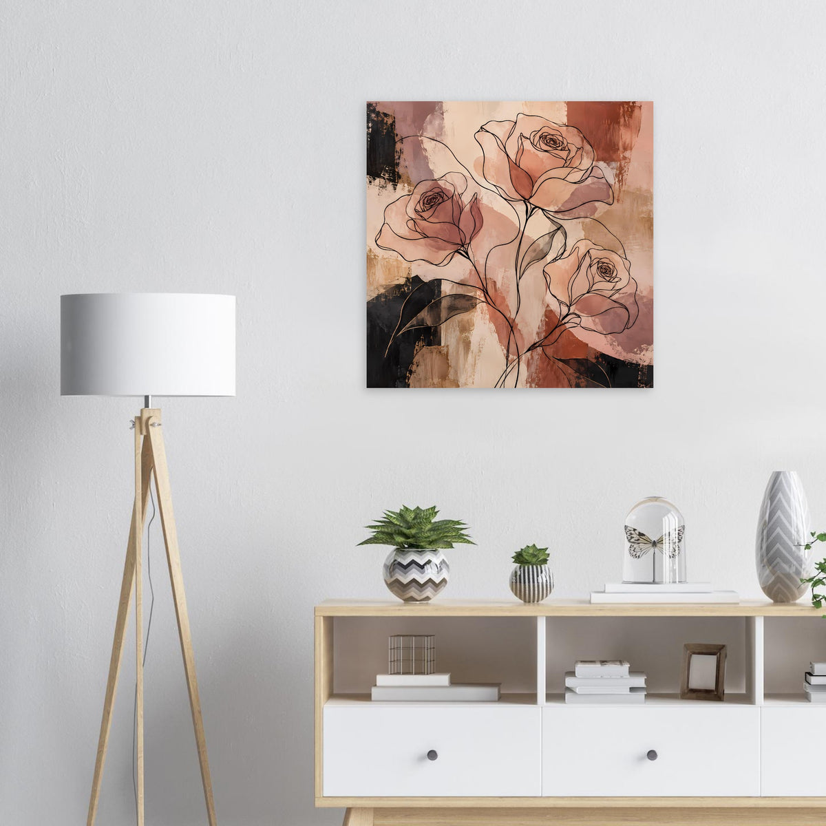 Abstraktes Rosenlinienkunst-Poster, mehrere Rosen in feinen schwarzen Linien