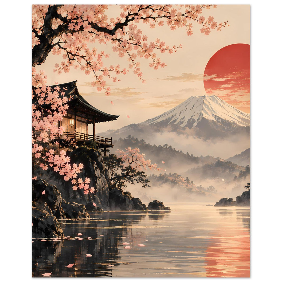 Poster mit Kirschblüten, Pagode links, Fuji-Berg und rotem Sonnenkreis mit Wasserreflexion