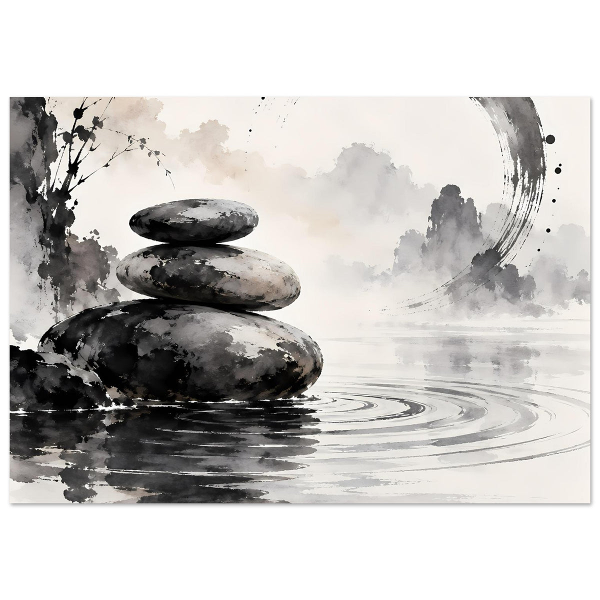Zen-Balance Poster (Querformat) mit Stein-Stapel, Kreissegment, Wasserlinien und Farbverläufen
