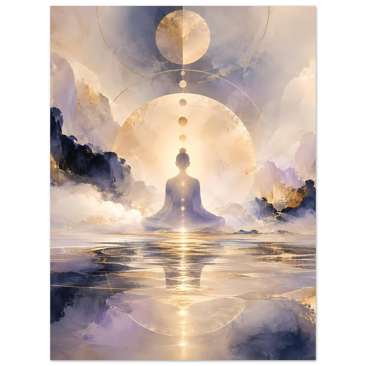 Meditationsposter: ruhende Silhouette, Goldmond und Kreisornamente über Landschaft mit Wasser.