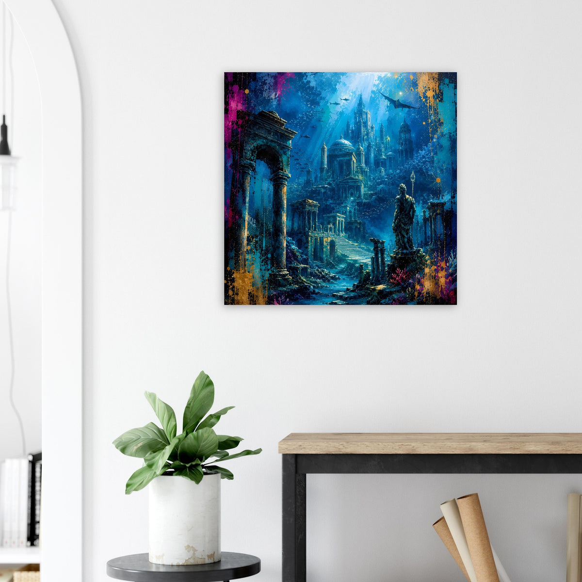 Kleines Poster mit Unterwasserstadt Atlantis, Säulen und Statue im tiefen Blau