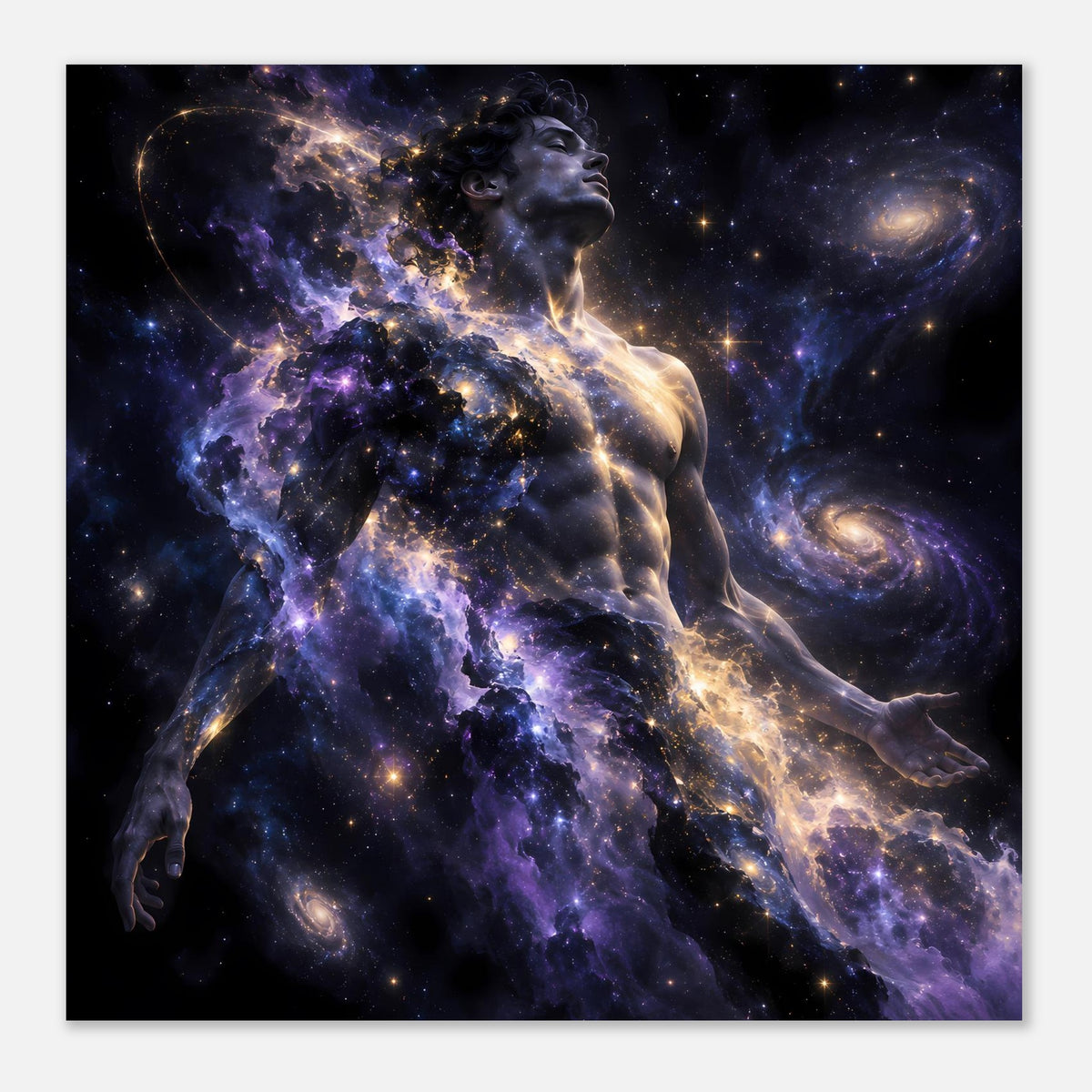 Galaxienposter im Hochformat: Gesicht und Oberkörper der Figur im Weltraummotiv, Violett-Gold