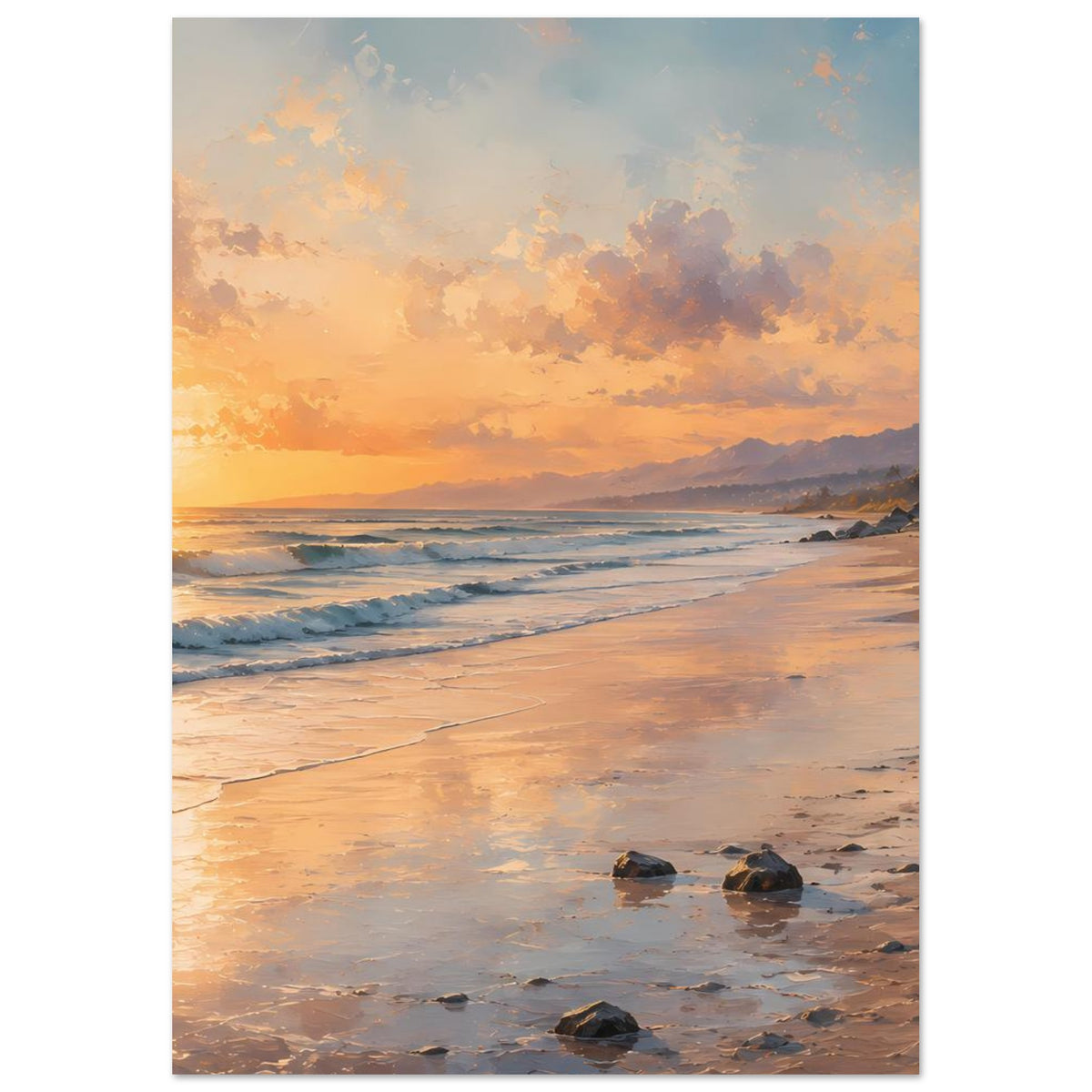 Strandposter auf mattem Papier, Hochkant: Sonnenaufgang über dem Strand, ruhige Wellen, Steine.