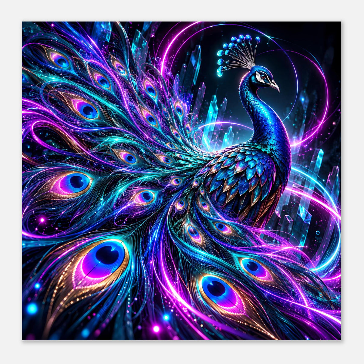 Neon-Pfauenposter mit blauem Pfau, Leuchtlinien und Pfauenaugen
