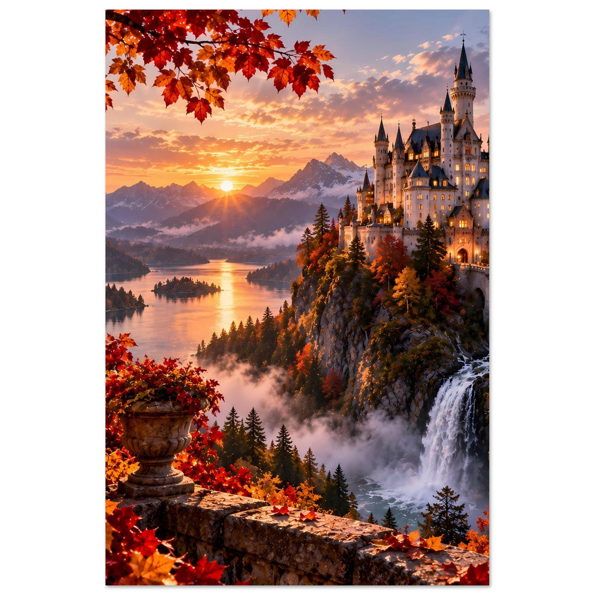 Herbstliches Schloss-Poster mit Wasserfall, Nebel und leuchtenden Bäumen