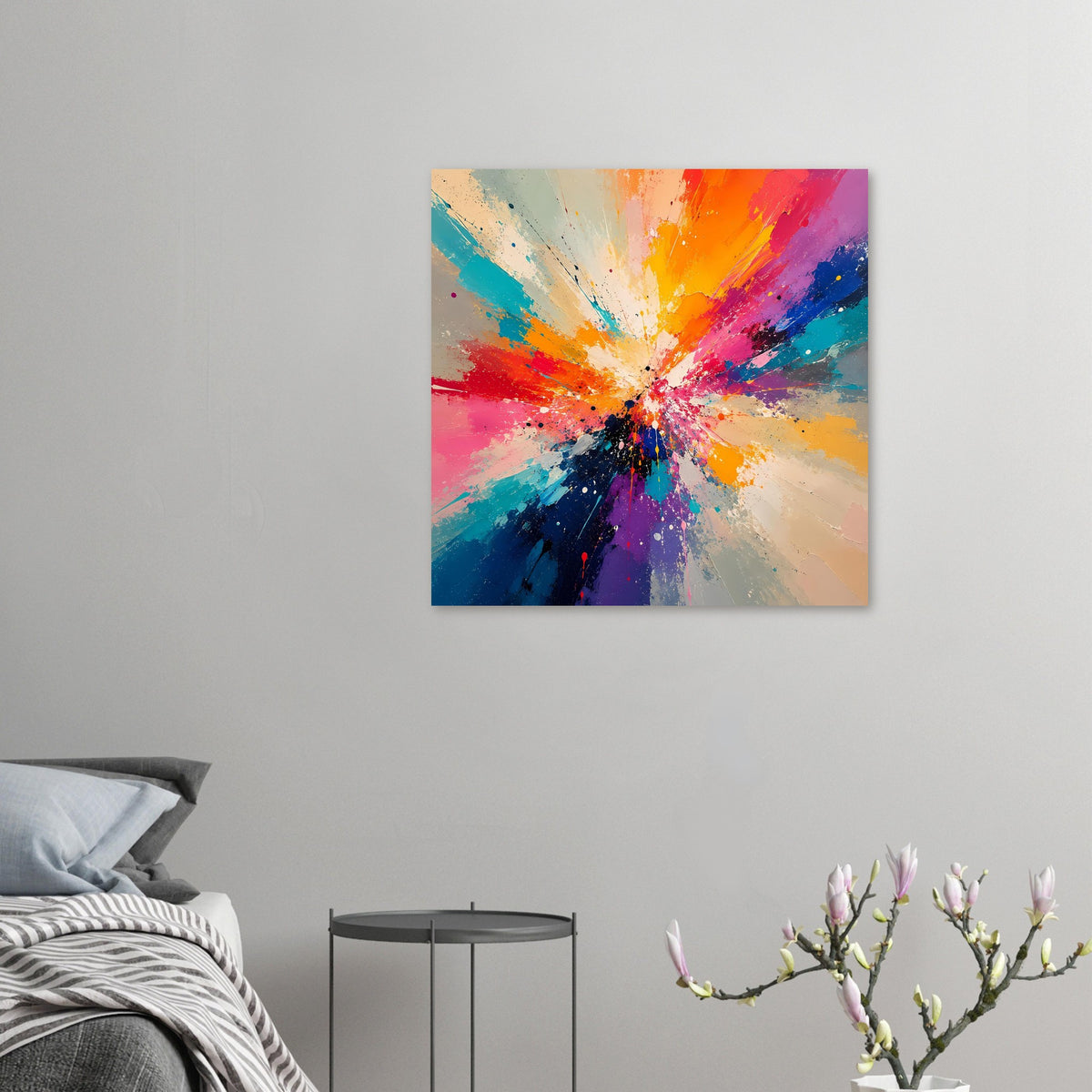 Abstraktes Kunstposter in kleinem Format mit Farbexplosion, Strahlen und Spritzpunkten