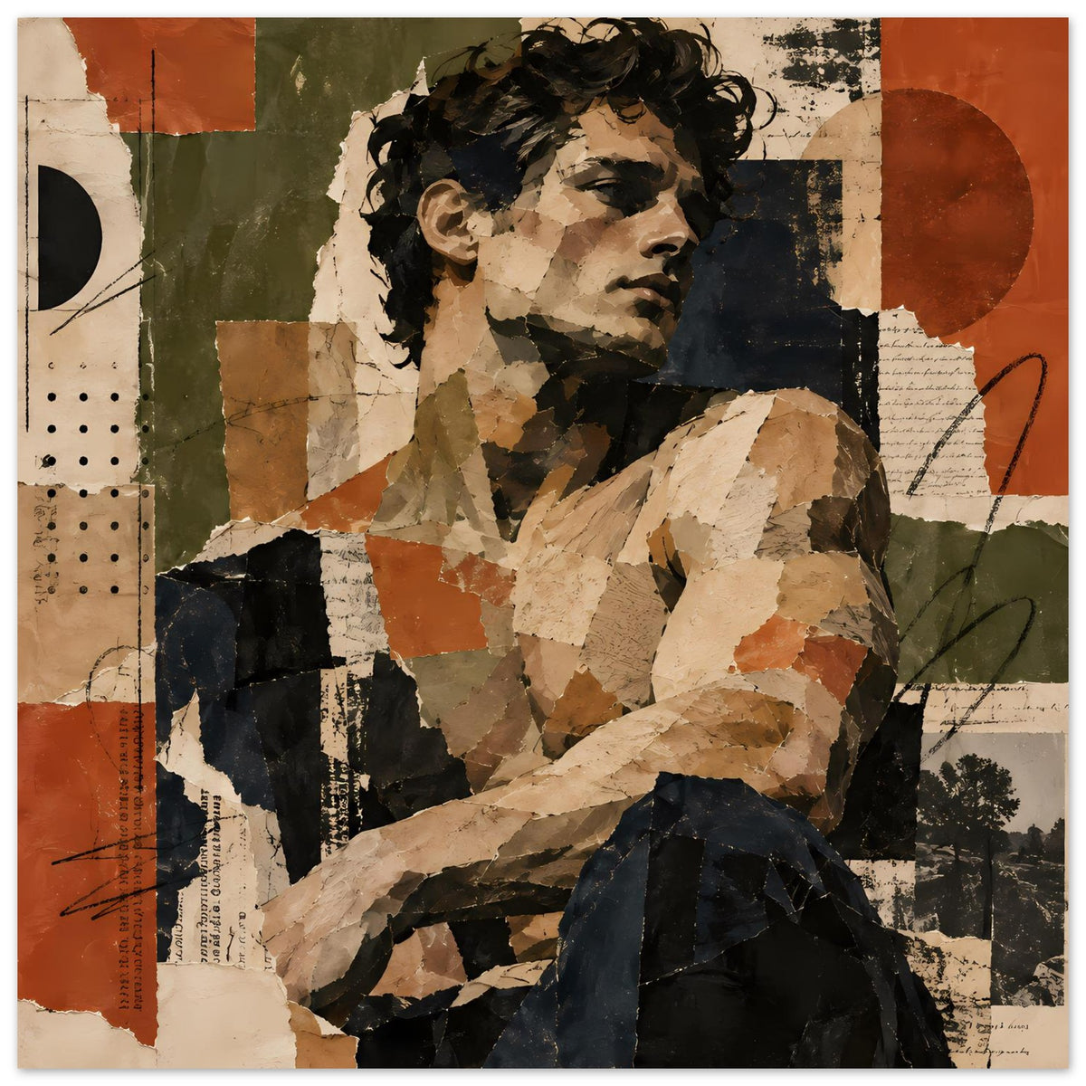 Collage-Kunstposter im Querformat, Porträt mit beigen, braunen und dunklen Flächen