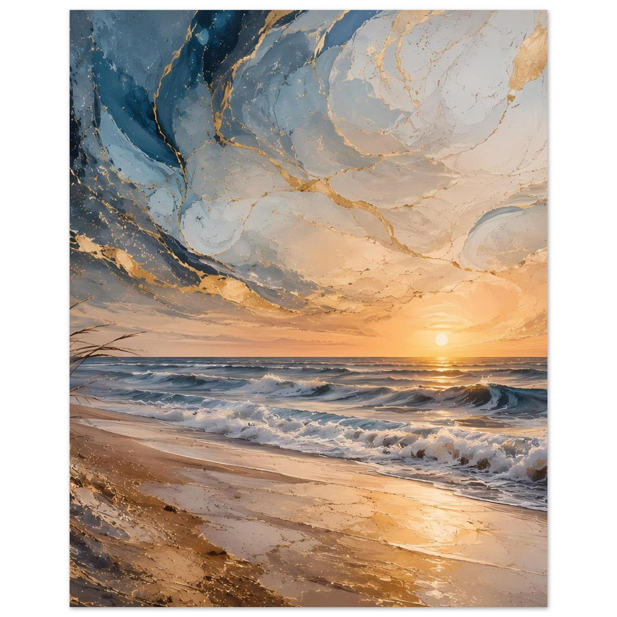 Vertikales Poster: schäumende Wellen am Strand, goldene Lichtspur im Abendhimmel