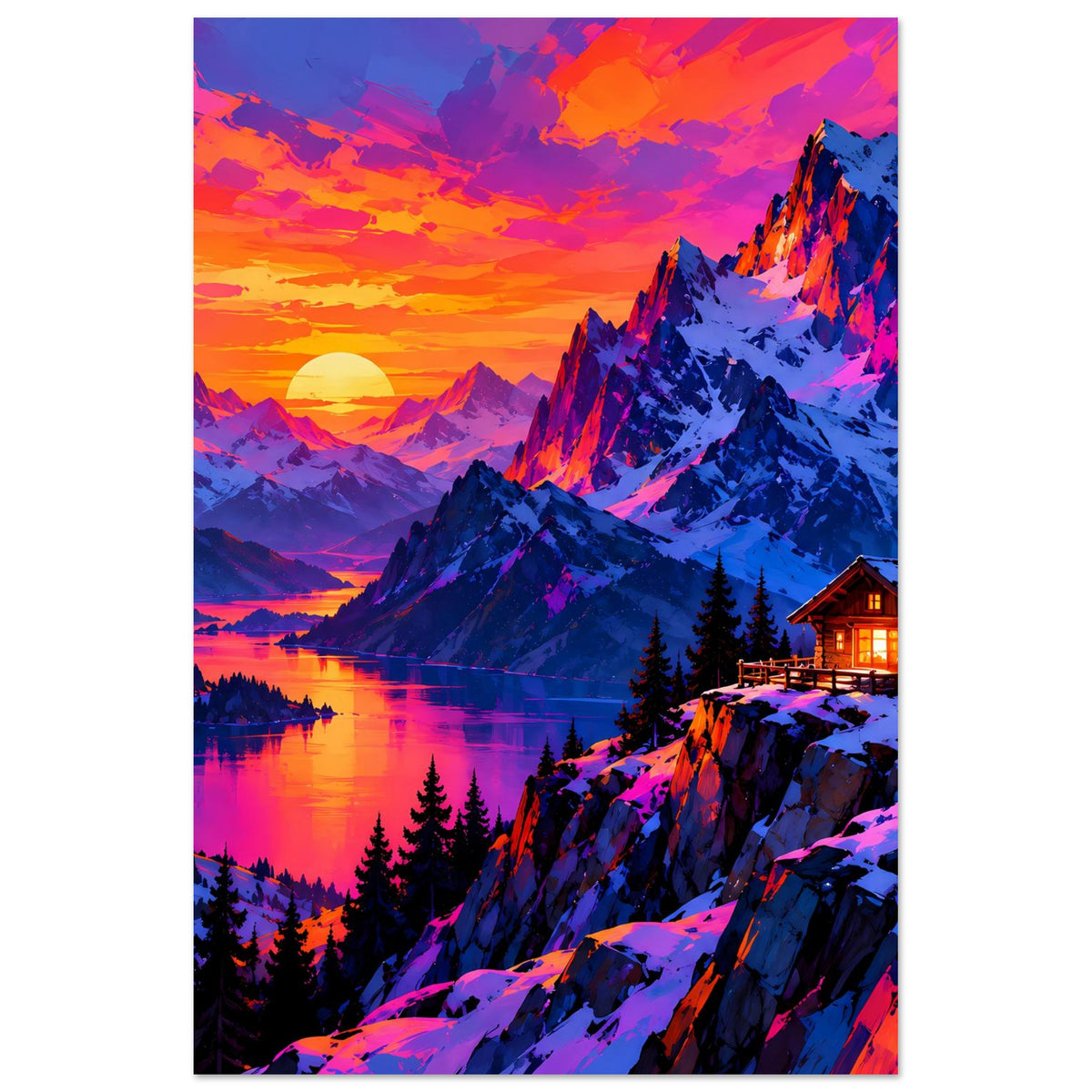 Vertikales Poster mit buntem Sonnenuntergang, Bergsee, Tannen und beleuchtetem Haus am Rand.
