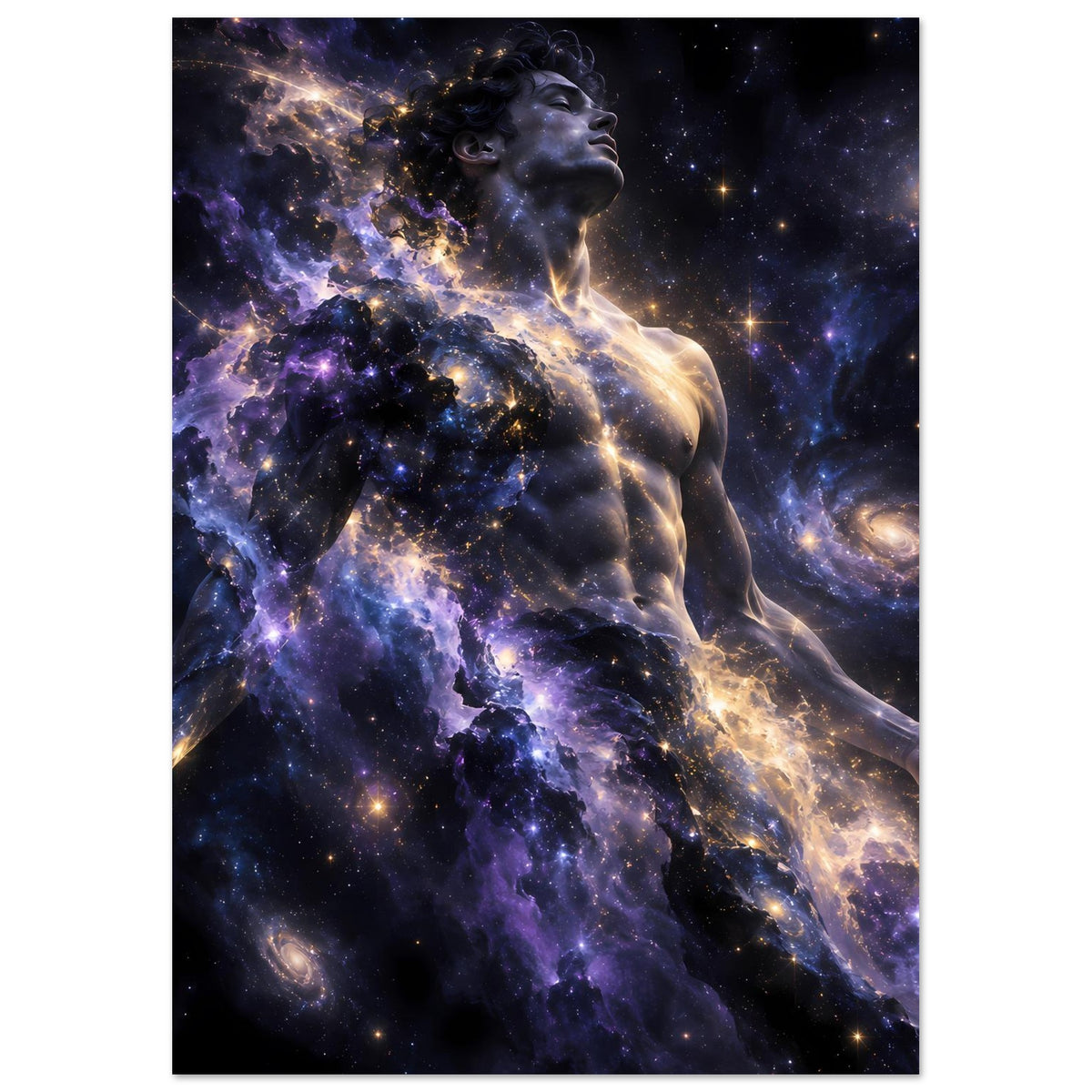 Galaxienposter im Hochformat: männliche Figur aus Sternen und Nebeln in Violett und Gold