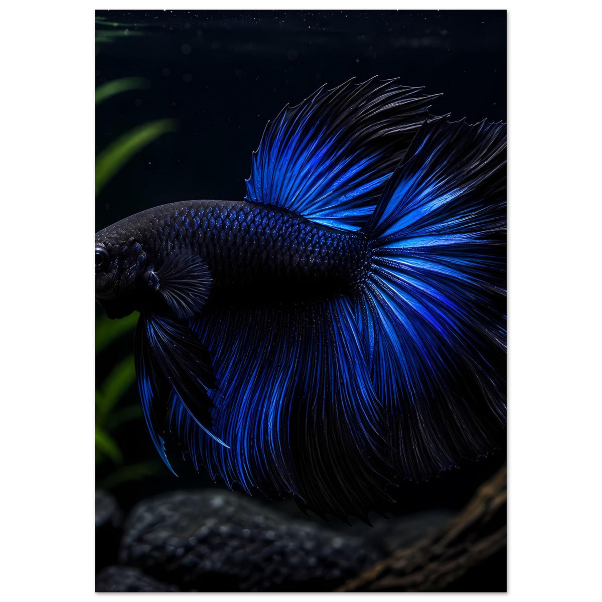 Poster mit blauem Betta-Fisch, mittlere Ansicht mit deutlich gespreizten Flossen