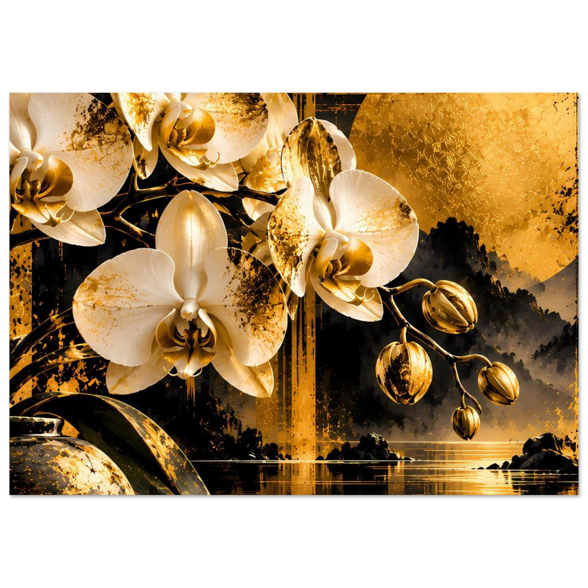 Orchideen-Premiumposter, breit: weiße Blüten, goldene Akzente und dunkle Silhouetten