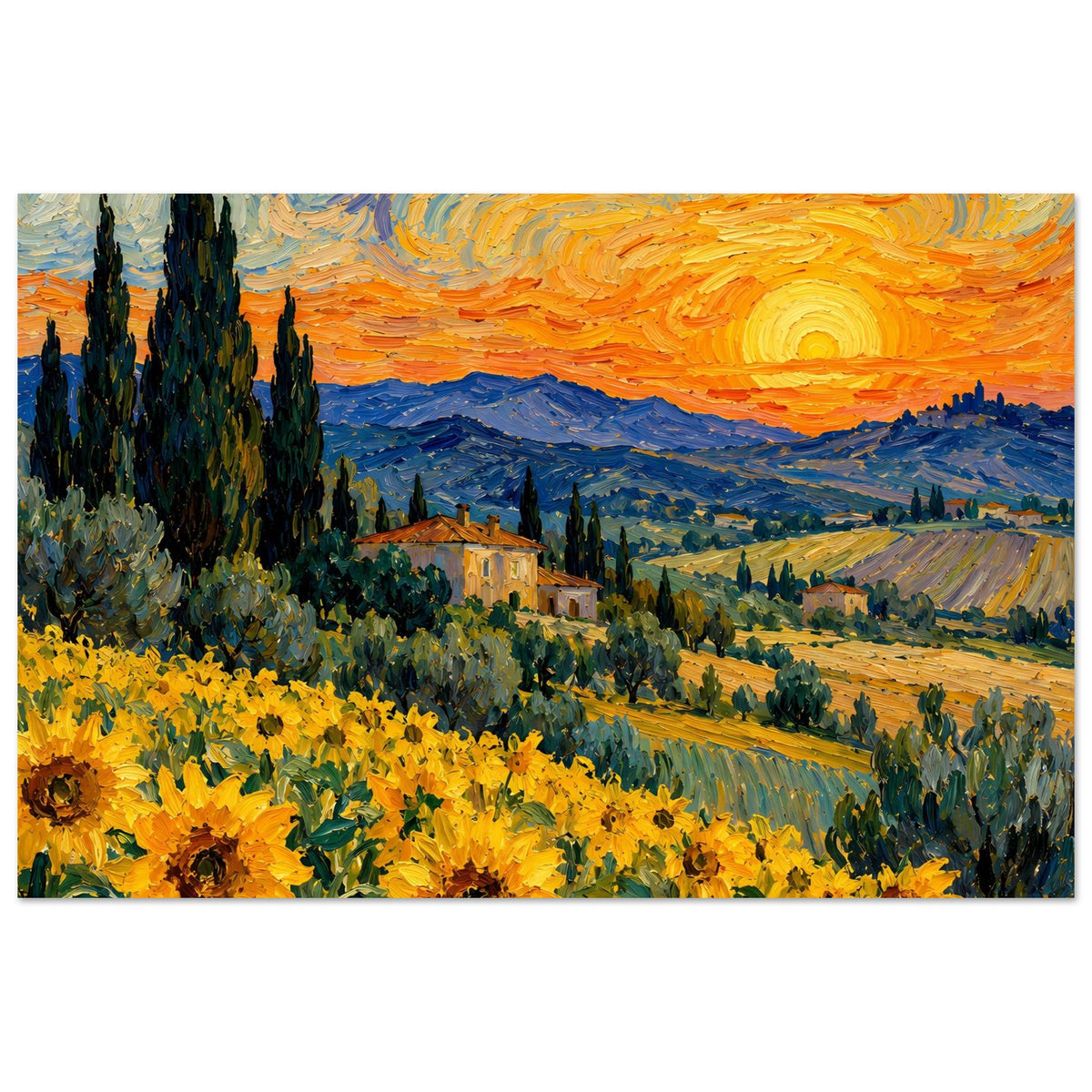 Kunstposter im Querformat mit Sonnenblumenfeld, Zypressen und goldenem Sonnenuntergang