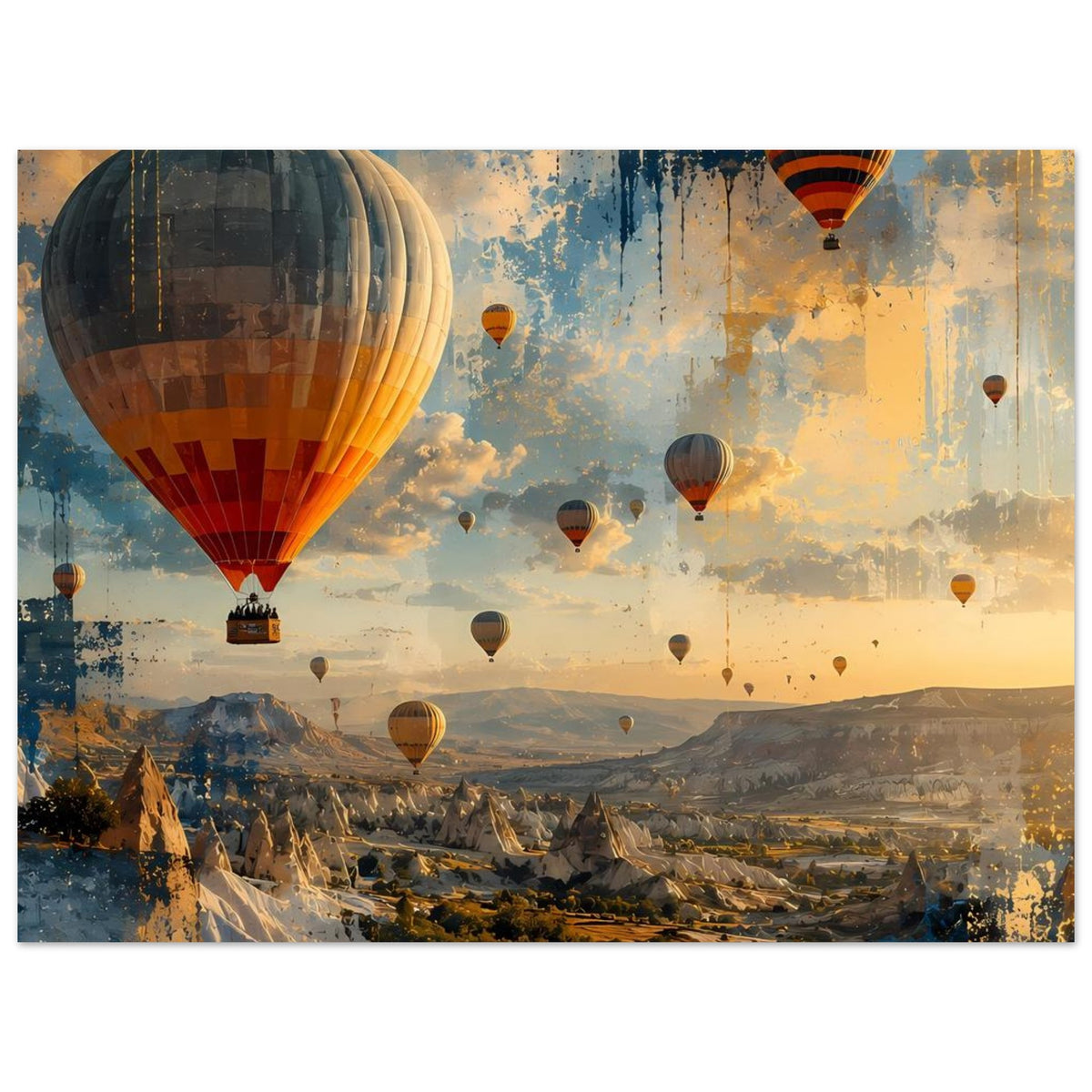 Landschaftsposter: mehrere Heißluftballons im Himmel über einer weiten Berglandschaft