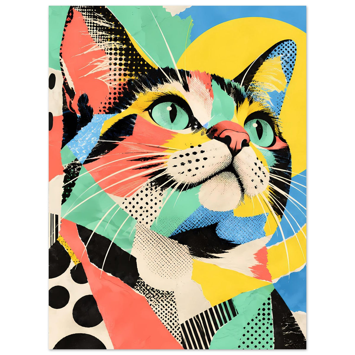 Pop-Art-Katzenposter im Hochformat: Katze mit leuchtenden Augen und grafischen Mustern