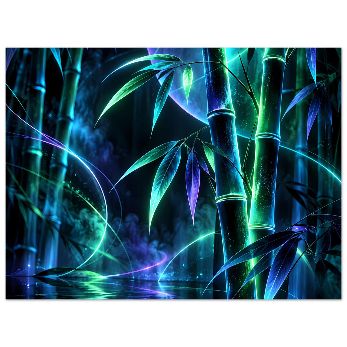 Leuchtendes Neon-Bambusposter, quer: grün-blaue Bambusstämme und Lichtspuren mit Spiegelung.