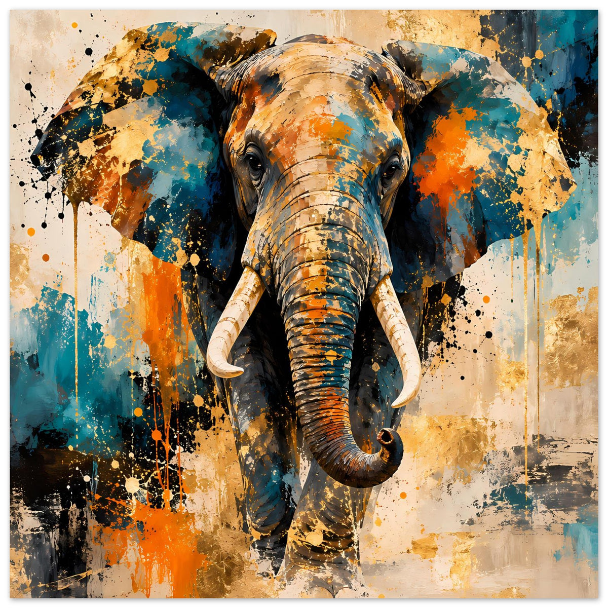 Abstraktes Elefantenposter, quadratisch: Elefant frontal mit Farb-Spritzern in Blau, Orange und Beige
