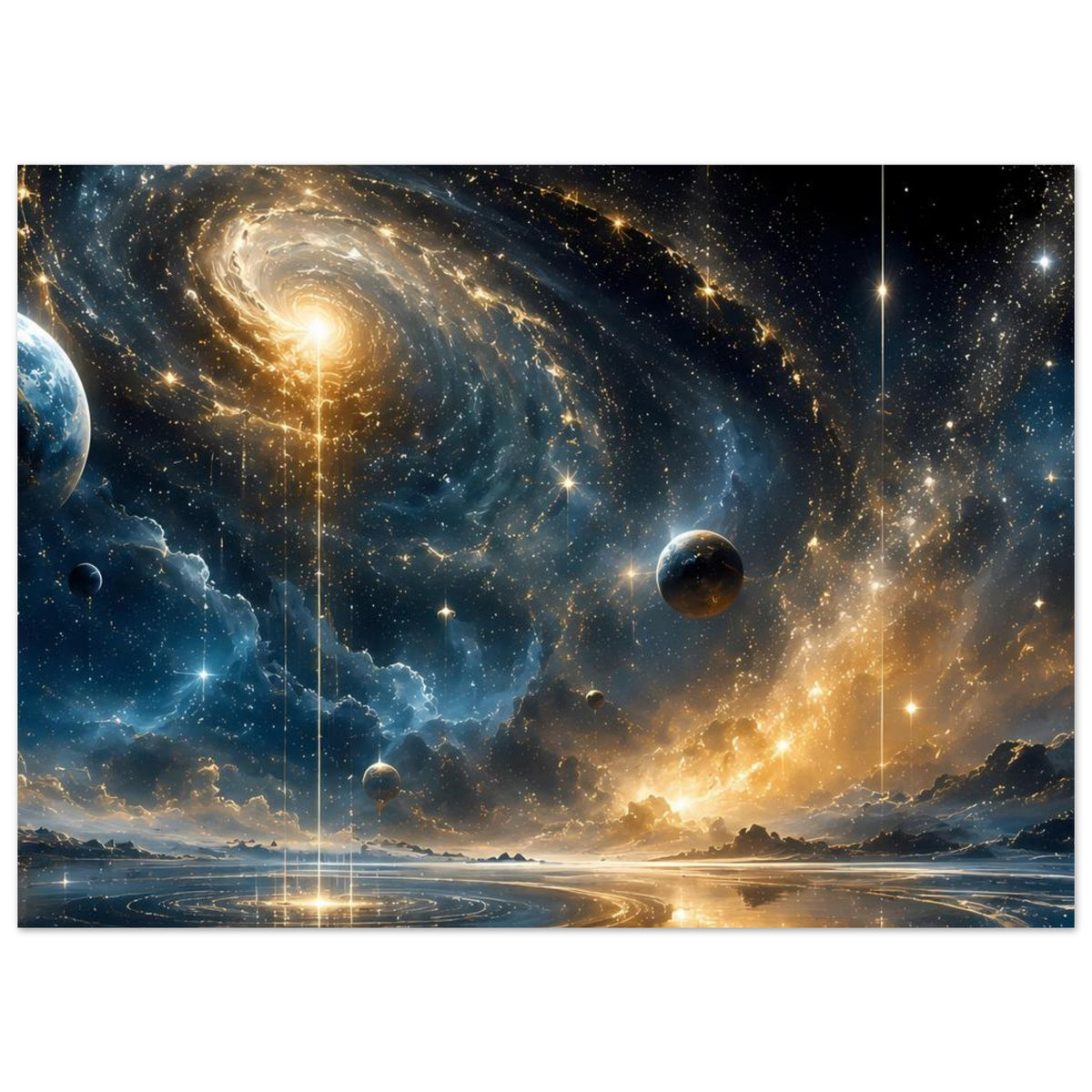 Weltraum-Poster, breit: Spiralgalaxie und Sterne mit mehreren Planeten am Nachthimmel